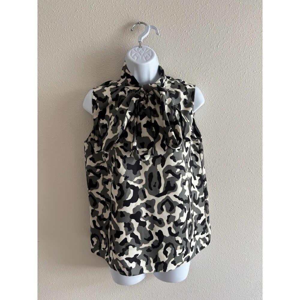 Theory Women Top Black Tan‎ Camo 100% Silk Twill Tie Scarf Sleeveless Top Size M